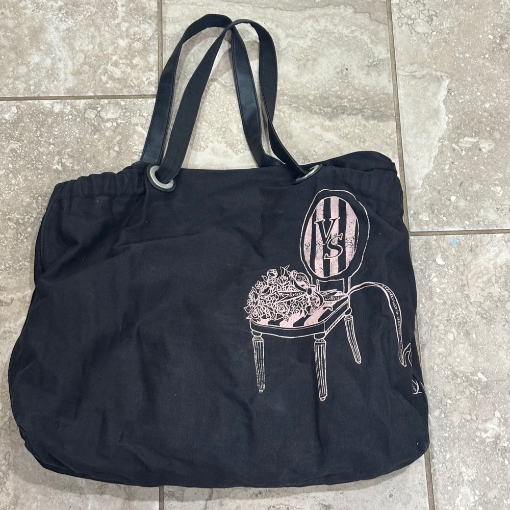Victorias Secret Canvas Tote Bag Black Pink Graphic Chair Logo Shoulder Bag
